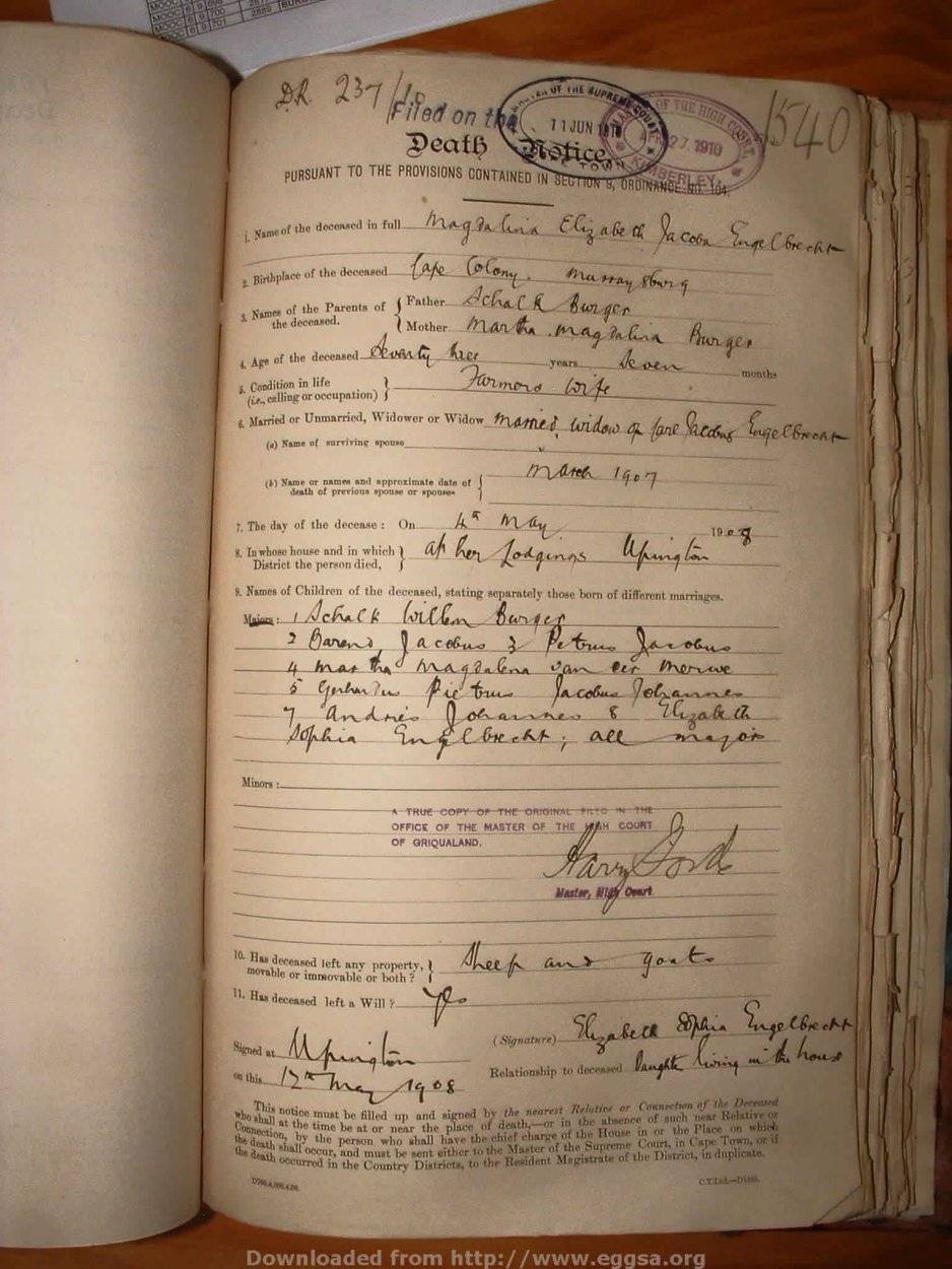 ENGELBRECHT Magdalena Elizabeth Jacoba nee BURGER, 1910, MOOC 6-9-644, 1540 ENGELBRECHT Magdalena Elizabeth Jacoba nee BURGER, 1910, MOOC 6-9-644, 1540