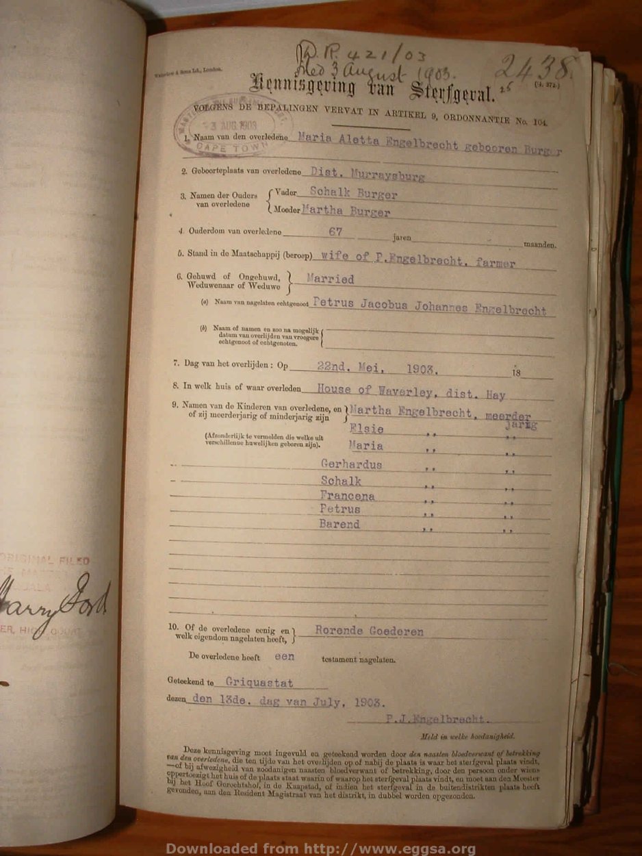 ENGELBRECHT Maria Aletta nee BURGER, 1903, MOOC 6-9-480, 2438 ENGELBRECHT Maria Aletta nee BURGER, 1903, MOOC 6-9-480, 2438