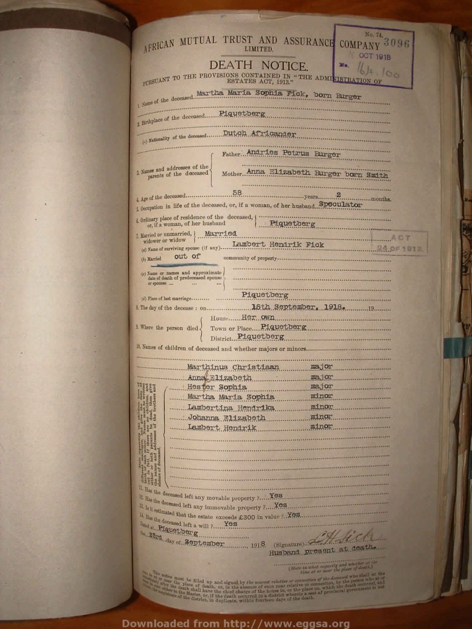 FICK Martha Maria Sophia nee BURGER, 1918, MOOC 6-9-1193, 3096 FICK Martha Maria Sophia nee BURGER, 1918, MOOC 6-9-1193, 3096