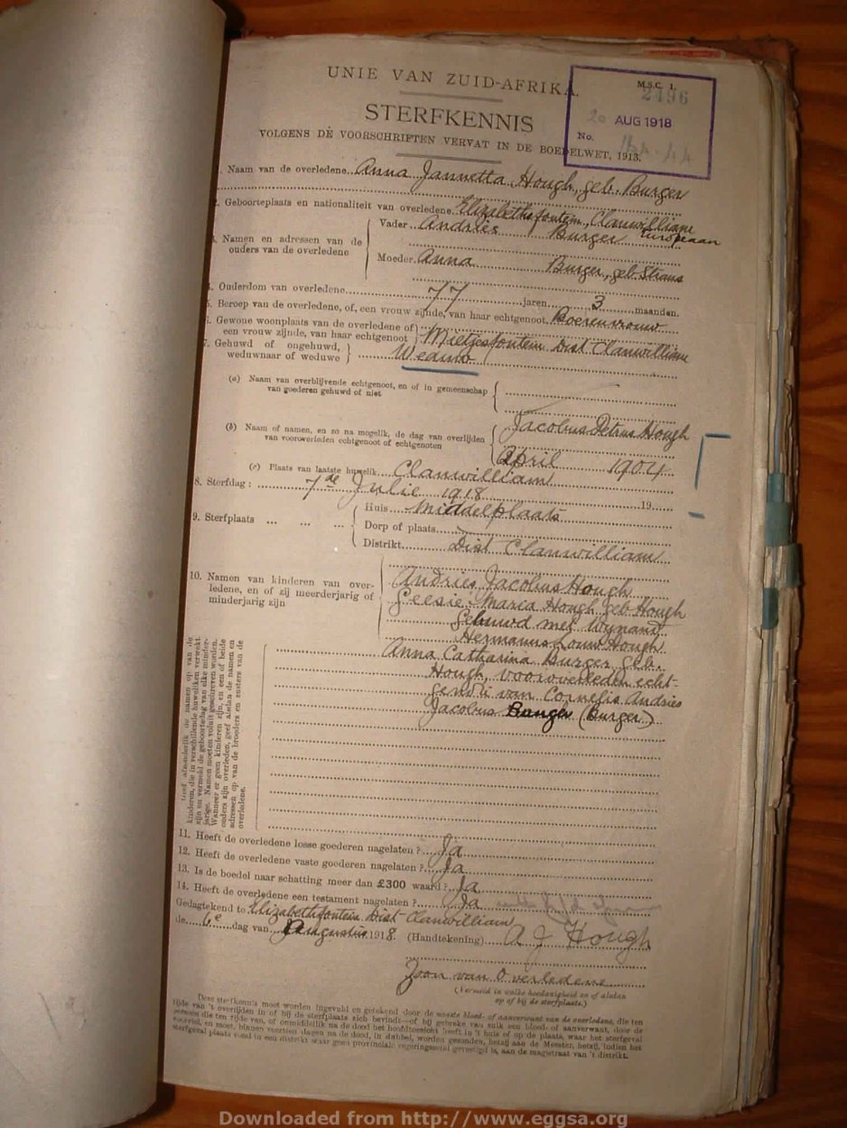 HOUGH Anna Jannetta nee BURGER, 1918, MOOC 6-9-1158, 2496 HOUGH Anna Jannetta nee BURGER, 1918, MOOC 6-9-1158, 2496