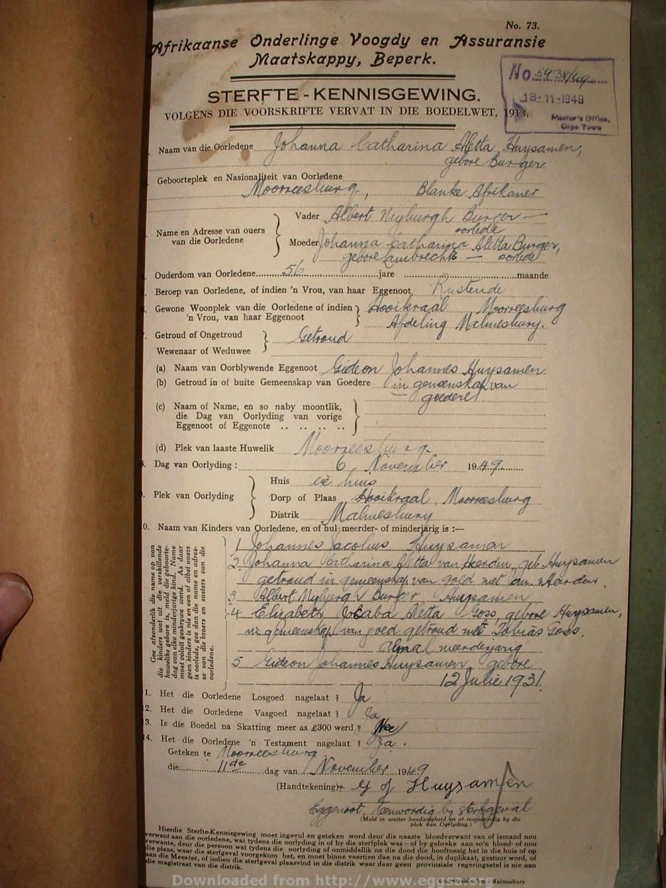 HUYSAMEN Johanna Catharina Aletta nee BURGER, 1949, MOOC 6-9-16620, 5938-49 HUYSAMEN Johanna Catharina Aletta nee BURGER, 1949, MOOC 6-9-16620, 5938-49