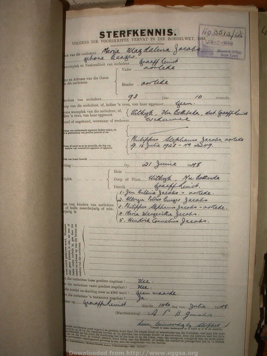 JACOBS Maria Magdalena nee BURGER, 1948, MOOC 6-9-15166, 3512-48 JACOBS Maria Magdalena nee BURGER, 1948, MOOC 6-9-15166, 3512-48