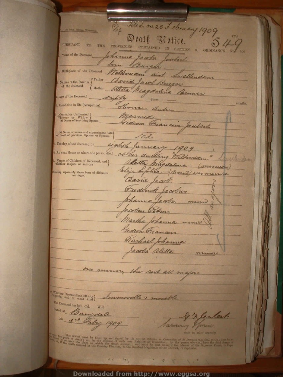 JOUBERT Johanna Jacoba nee BURGER, 1909, MOOC 6-9-613, 549 JOUBERT Johanna Jacoba nee BURGER, 1909, MOOC 6-9-613, 549