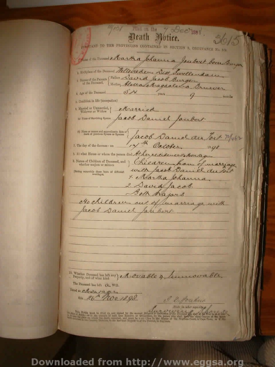JOUBERT Martha Johanna nee BURGER, 1898, MOOC 6-9-383, 3615 JOUBERT Martha Johanna nee BURGER, 1898, MOOC 6-9-383, 3615
