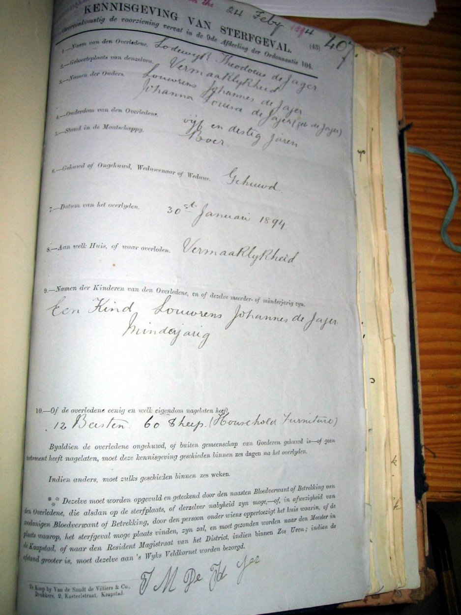 JAGER Lodewyk Theodorus De, 30 Jan1894, MOOC 6-9-325, 407 JAGER Lodewyk Theodorus De, 30 Jan1894, MOOC 6-9-325, 407