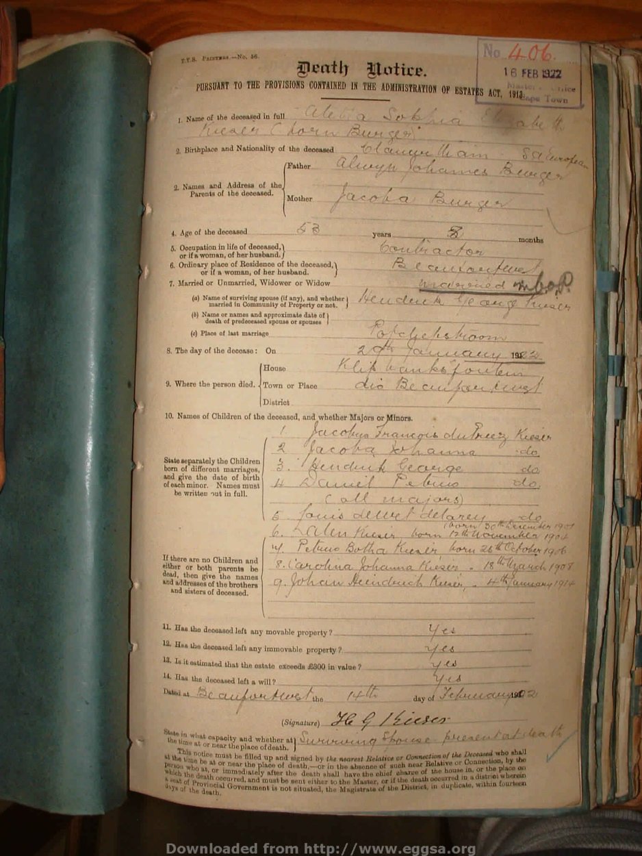 KIESER Aletta Sophia Elizabeth nee BURGER, 1922, MOOC 6-9-2248, 406 KIESER Aletta Sophia Elizabeth nee BURGER, 1922, MOOC 6-9-2248, 406