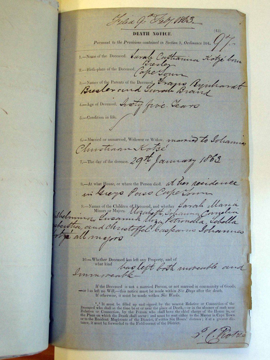 Kotze, Sarah Catharina (born Bresler) - MOOC Vol:6/9/102 Ref:97 Kotze, Sarah Catharina (born Bresler) - MOOC Vol:6/9/102 Ref:97