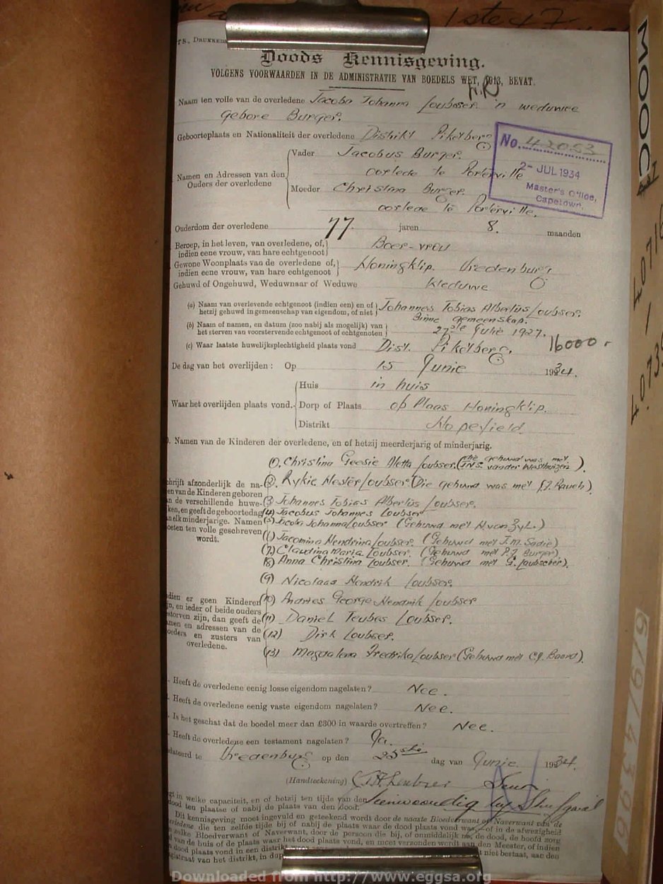 LOUBSER Jacoba Johanna nee BURGER, 1934, MOOC 6-9-4455, 42053 LOUBSER Jacoba Johanna nee BURGER, 1934, MOOC 6-9-4455, 42053
