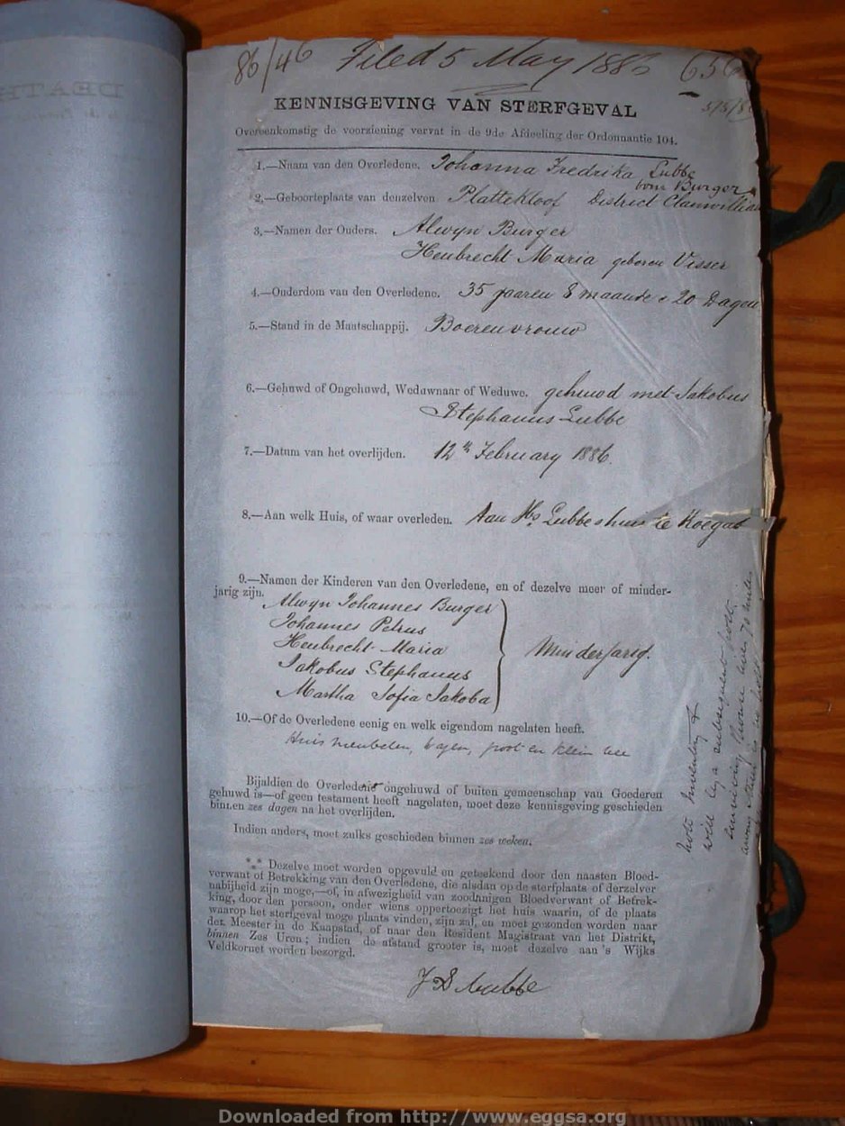 LUBBE Johanna Fredrika nee BURGER, 1886, MOOC 6-9-232, 656 LUBBE Johanna Fredrika nee BURGER, 1886, MOOC 6-9-232, 656