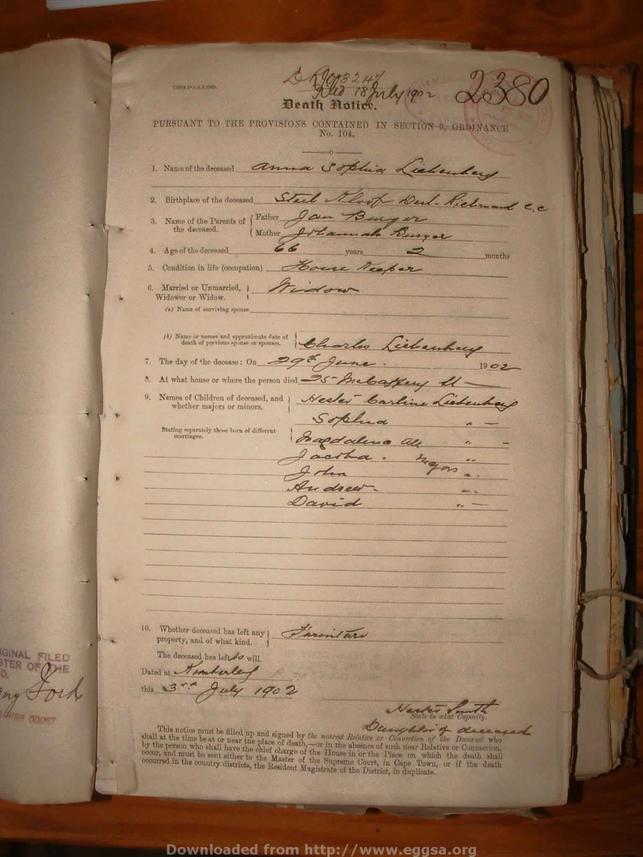 LIEBENBERG Anna Sophia nee BURGER, 1902, MOOC 6-9-455, 2380 LIEBENBERG Anna Sophia nee BURGER, 1902, MOOC 6-9-455, 2380