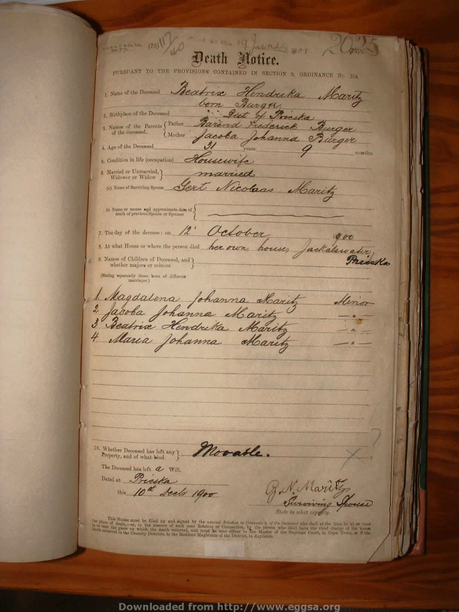 MARITZ Beatrix Hendrika nee BURGER, 1901, MOOC 6-9-429, 2025 MARITZ Beatrix Hendrika nee BURGER, 1901, MOOC 6-9-429, 2025