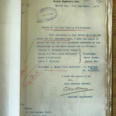 MCINTYRE Francis William - 1907 died aged 66 at Mossel Bay - MOOC 6-9-576-2077