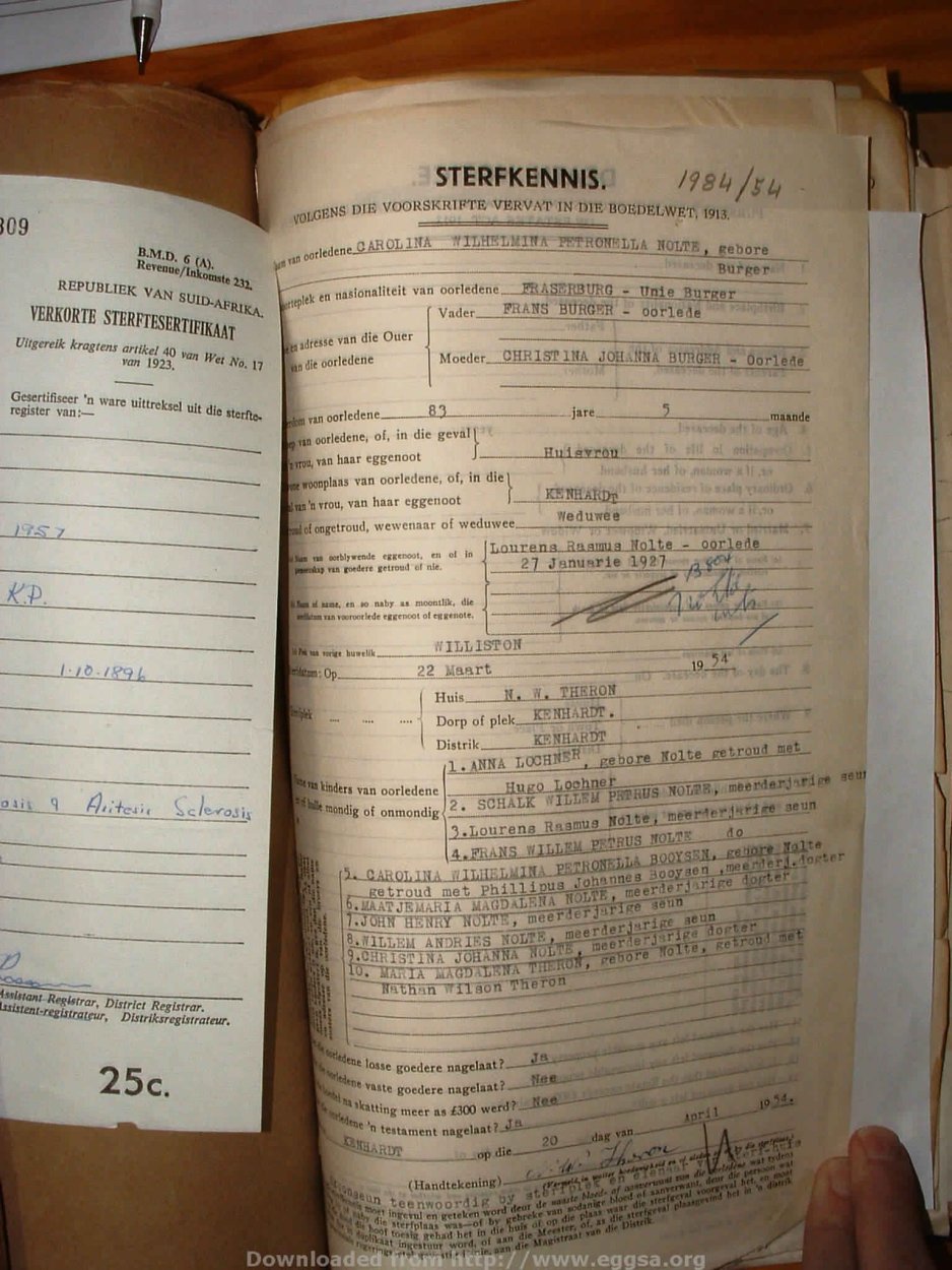 NOLTE Carolina Wilhelmina Petronella nee BURGER, 1954, MOOC 6-9-22394, 1984-54 NOLTE Carolina Wilhelmina Petronella nee BURGER, 1954, MOOC 6-9-22394, 1984-54