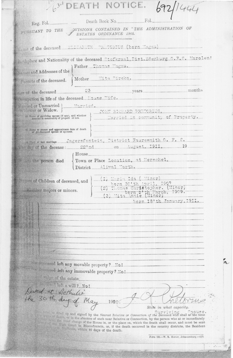 PRETORIUS Elizabeth born MAGAU - Died 22 Aug 1911
