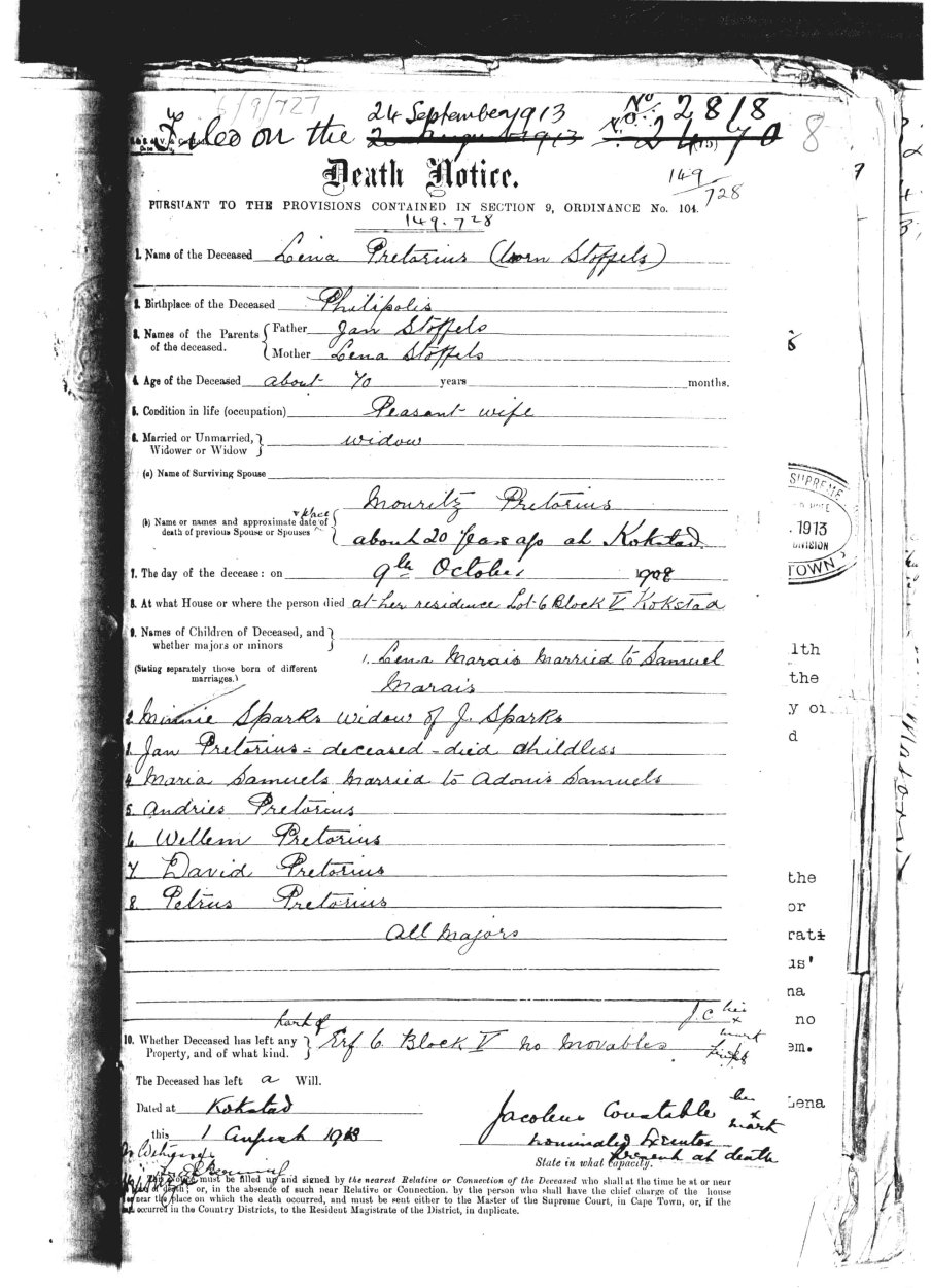 PRETORIUS Lena nee STOFFELS -  Died 9 Oct 1908