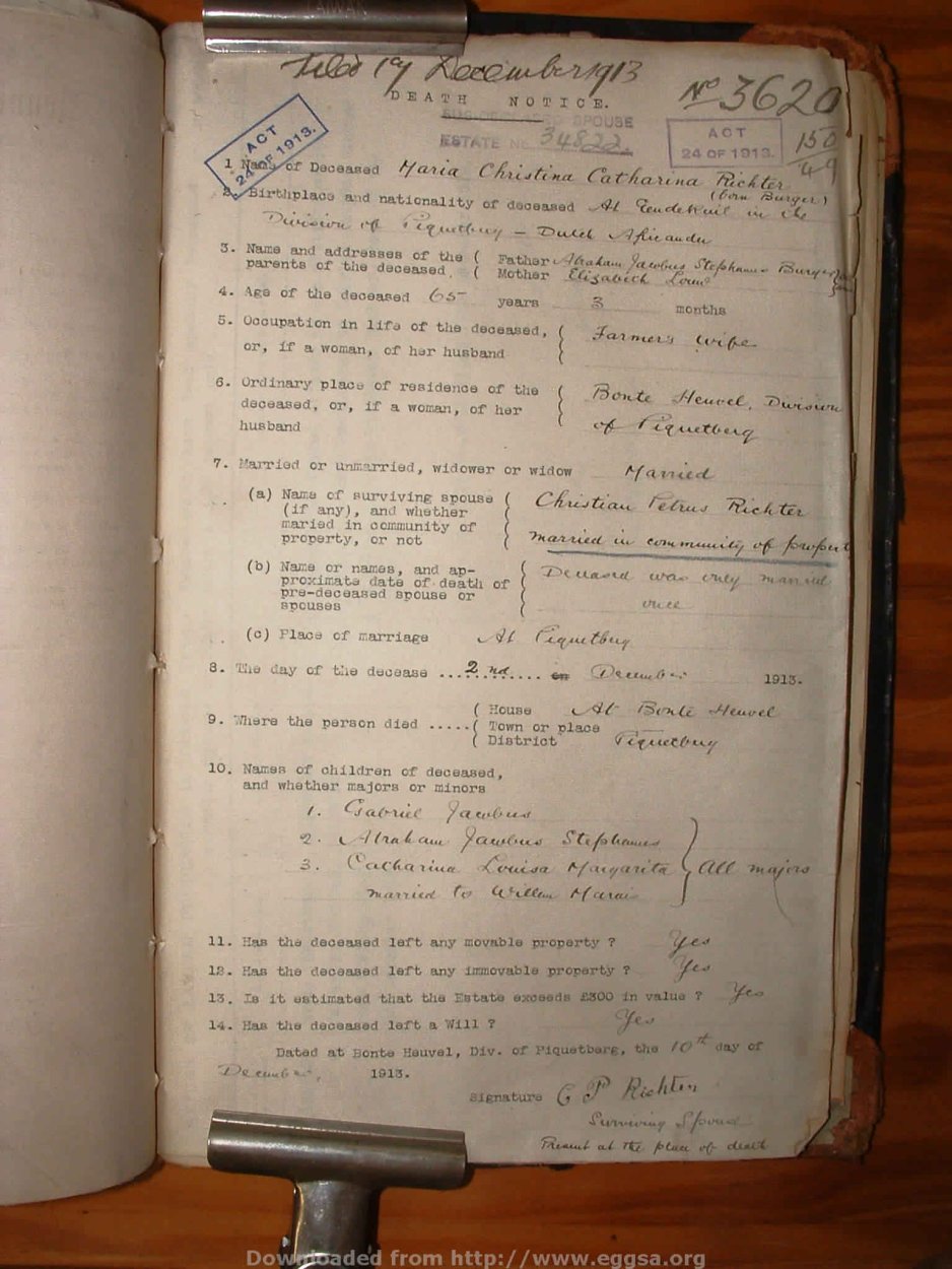 RICHTER Maria Christina Catharina nee BURGER, 1913, MOOC 6-9-735, 3620 RICHTER Maria Christina Catharina nee BURGER, 1913, MOOC 6-9-735, 3620