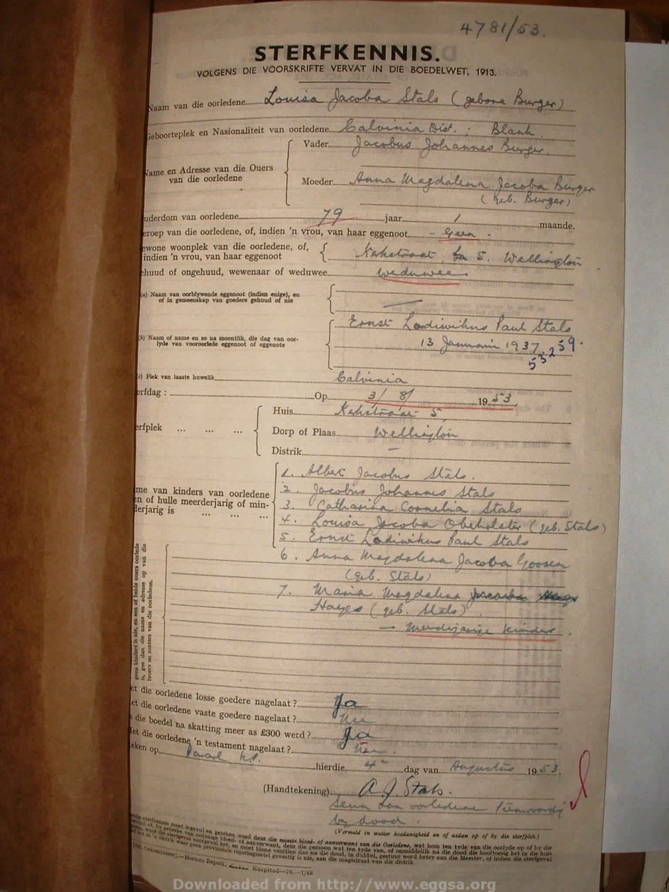 STALS Louisa Jacoba nee BURGER, 1953, MOOC 6-9-21465, 4781-53 STALS Louisa Jacoba nee BURGER, 1953, MOOC 6-9-21465, 4781-53
