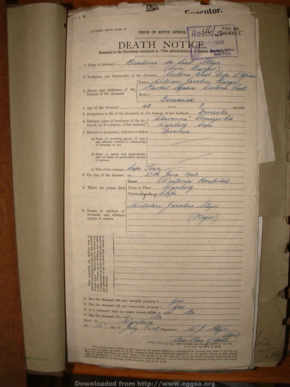 STEYN Beatrice De Lint nee BURGER, 1948, MOOC 6-9-15160, 3461-48 STEYN Beatrice De Lint nee BURGER, 1948, MOOC 6-9-15160, 3461-48