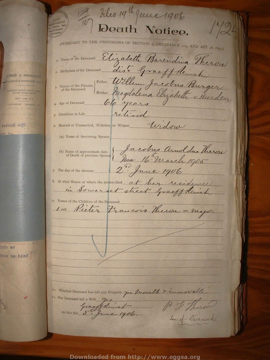 THERON Elizabeth Barendina nee BURGER, 1906, MOOC 6-9-549, 1724 THERON Elizabeth Barendina nee BURGER, 1906, MOOC 6-9-549, 1724
