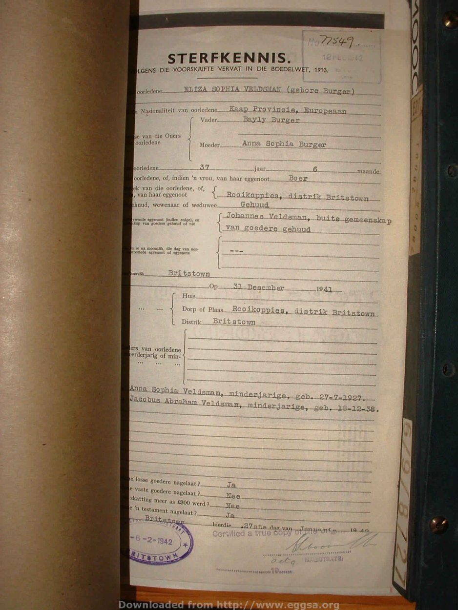 VELDSMAN Eliza Sophia nee BURGER, 1942, MOOC 6-9-8615, 77549 VELDSMAN Eliza Sophia nee BURGER, 1942, MOOC 6-9-8615, 77549