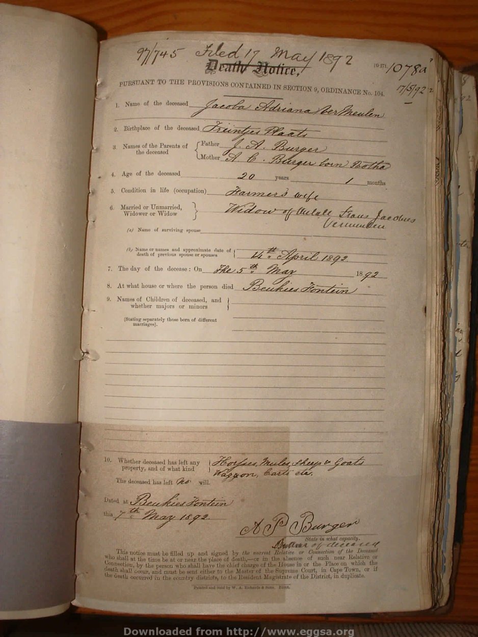 VERMEULEN Jacoba Adriana nee BURGER, 1892, MOOC 6-9-304, 1078A VERMEULEN Jacoba Adriana nee BURGER, 1892, MOOC 6-9-304, 1078A