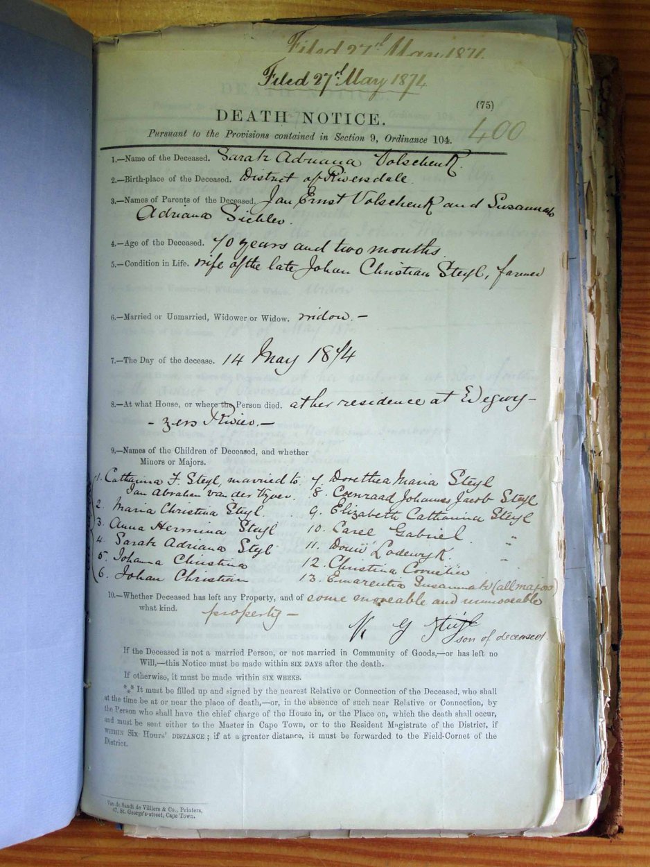 VOLSCHENK Sarah Adriana, weduwe STEYL 1874 VOLSCHENK Sarah Adriana, weduwe STEYL 1874