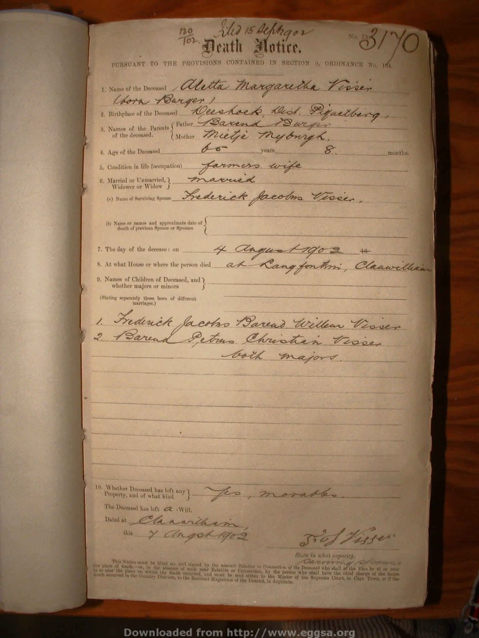 VISSER Aletta Margaretha nee BURGER, 1902, MOOC 6-9-459, 3170 VISSER Aletta Margaretha nee BURGER, 1902, MOOC 6-9-459, 3170