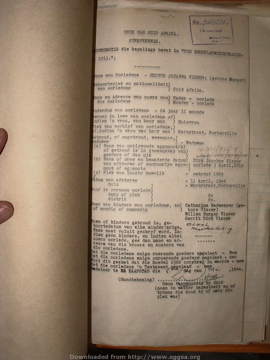 VISSER Hester Johanna nee BURGER, 1944, MOOC 6-9-10903, 92104 VISSER Hester Johanna nee BURGER, 1944, MOOC 6-9-10903, 92104