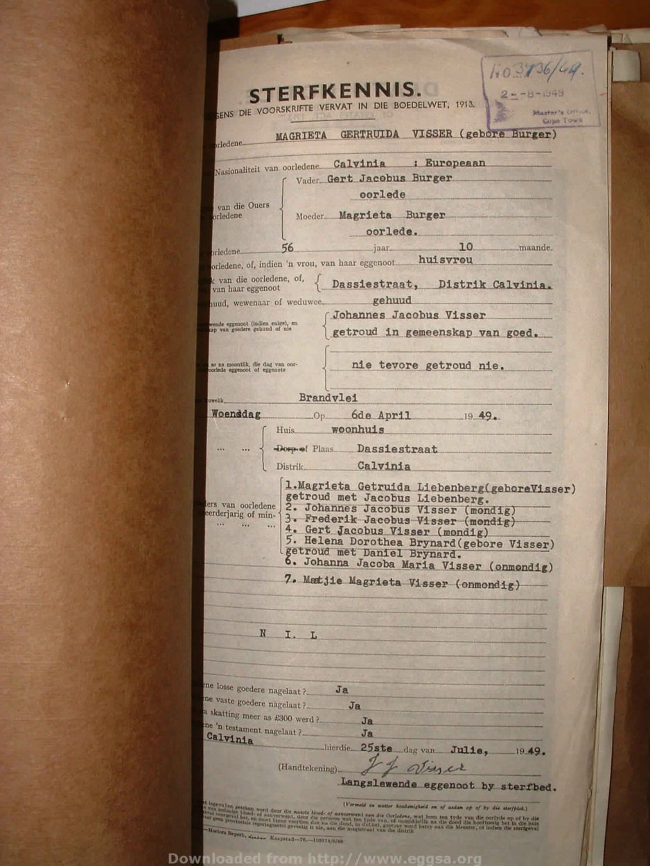 VISSER Magrieta Gertruida nee BURGER, 1949, MOOC 6-9-16249, 3736-49 VISSER Magrieta Gertruida nee BURGER, 1949, MOOC 6-9-16249, 3736-49