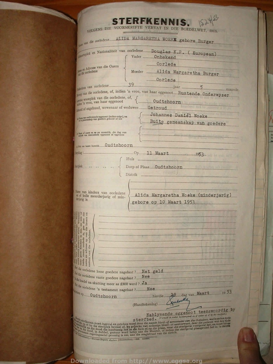 WOEKE Alida Margaretha nee BURGER, 1953, MOOC 6-9-20778, 1524-53 WOEKE Alida Margaretha nee BURGER, 1953, MOOC 6-9-20778, 1524-53