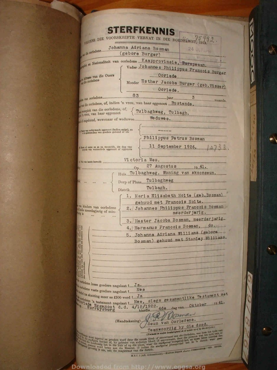 BOSMAN Johanna Adriana nee BURGER, 1941, MOOC 6-9-8227, 75992 BOSMAN Johanna Adriana nee BURGER, 1941, MOOC 6-9-8227, 75992