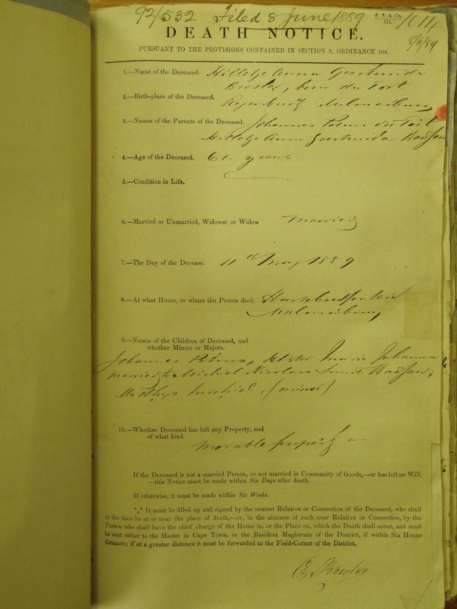 Bresler, Hilletje Anna Geertruida (born Du Toit) - KAB MOOC vol:6/9/269 Ref:1014 Bresler, Hilletje Anna Geertruida (born Du Toit) - KAB MOOC vol:6/9/269 Ref:1014