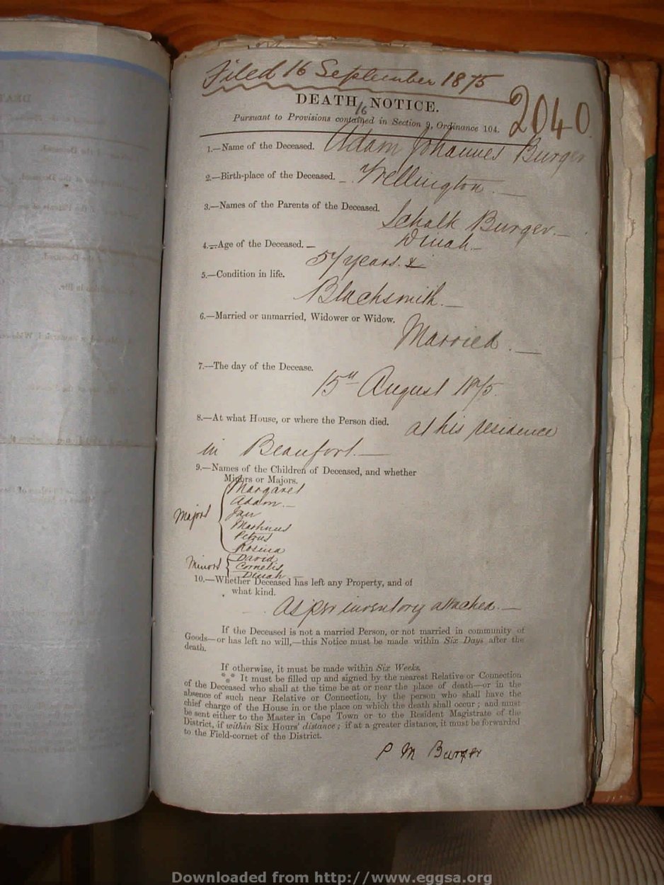 BURGER Adam Johannes, 1875, MOOC 6-9-152, 2040 BURGER Adam Johannes, 1875, MOOC 6-9-152, 2040