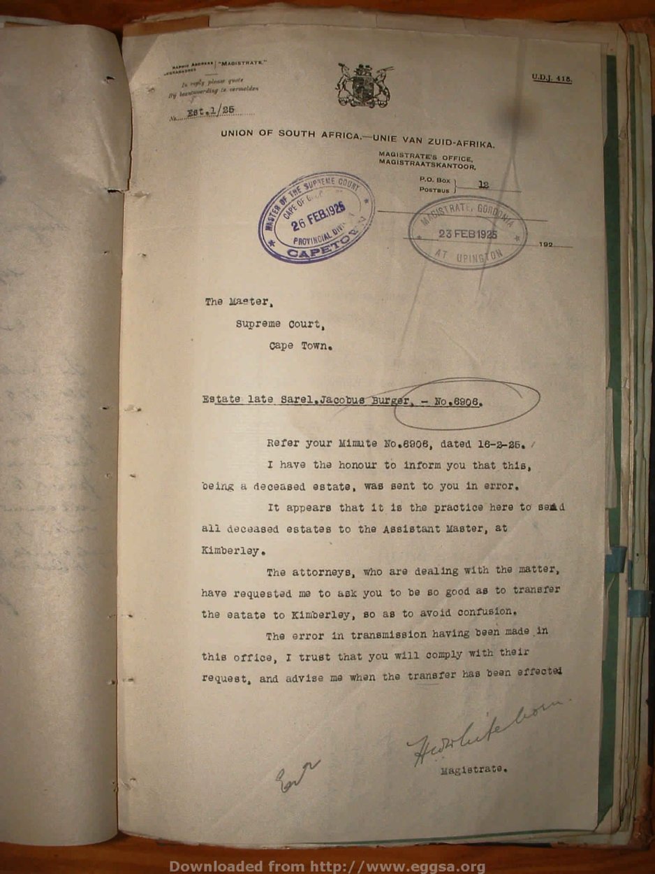 BURGER Sarel Jacobus, 1925, MOOC 6-9-2743, 6906 BURGER Sarel Jacobus, 1925, MOOC 6-9-2743, 6906