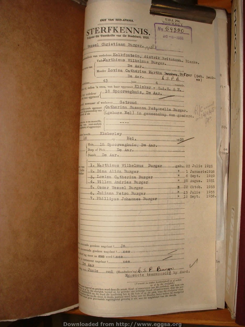 BURGER Wessel Christiaan, 1938, MOOC 6-9-5108, 59850 BURGER Wessel Christiaan, 1938, MOOC 6-9-5108, 59850
