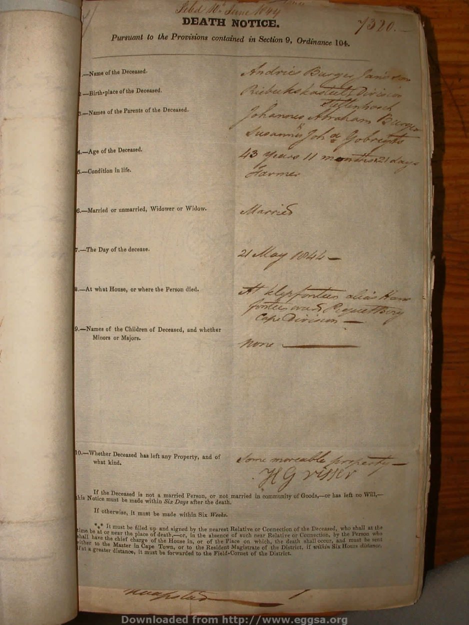 BURGER Andries, 1844, MOOC 6-9-33, 7320 BURGER Andries, 1844, MOOC 6-9-33, 7320