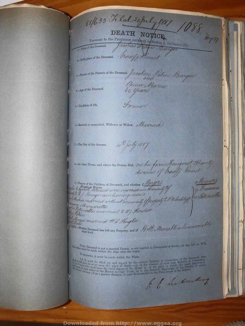 BURGER Jacobus Petrus, 1887, MOOC 6-9-246, 1088 BURGER Jacobus Petrus, 1887, MOOC 6-9-246, 1088