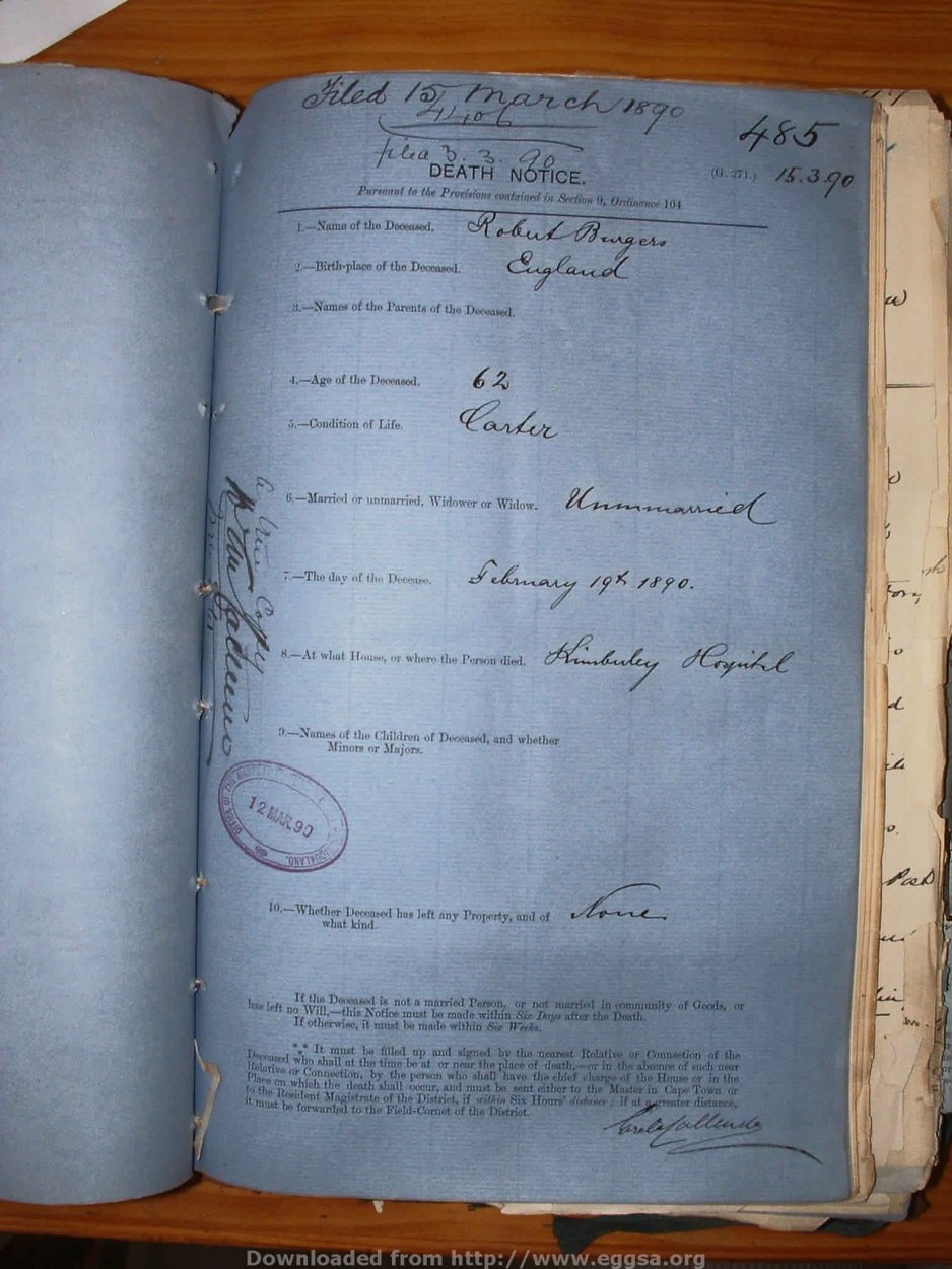 BURGERS Robert, 1890, MOOC 6-9-278, 485 BURGERS Robert, 1890, MOOC 6-9-278, 485