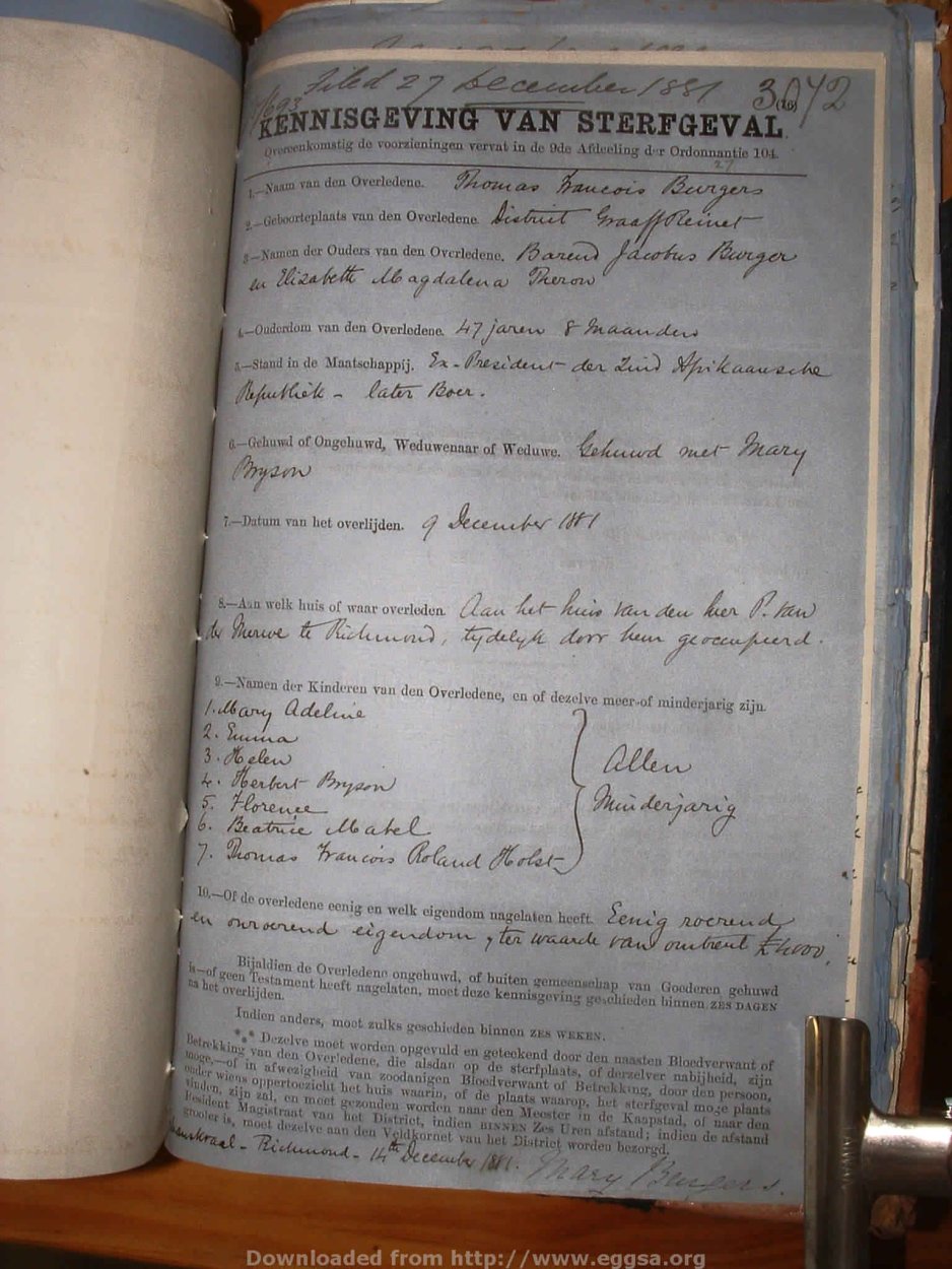 BURGERS Thomas Francois, 1881, MOOC 6-9-183, 3072 BURGERS Thomas Francois, 1881, MOOC 6-9-183, 3072