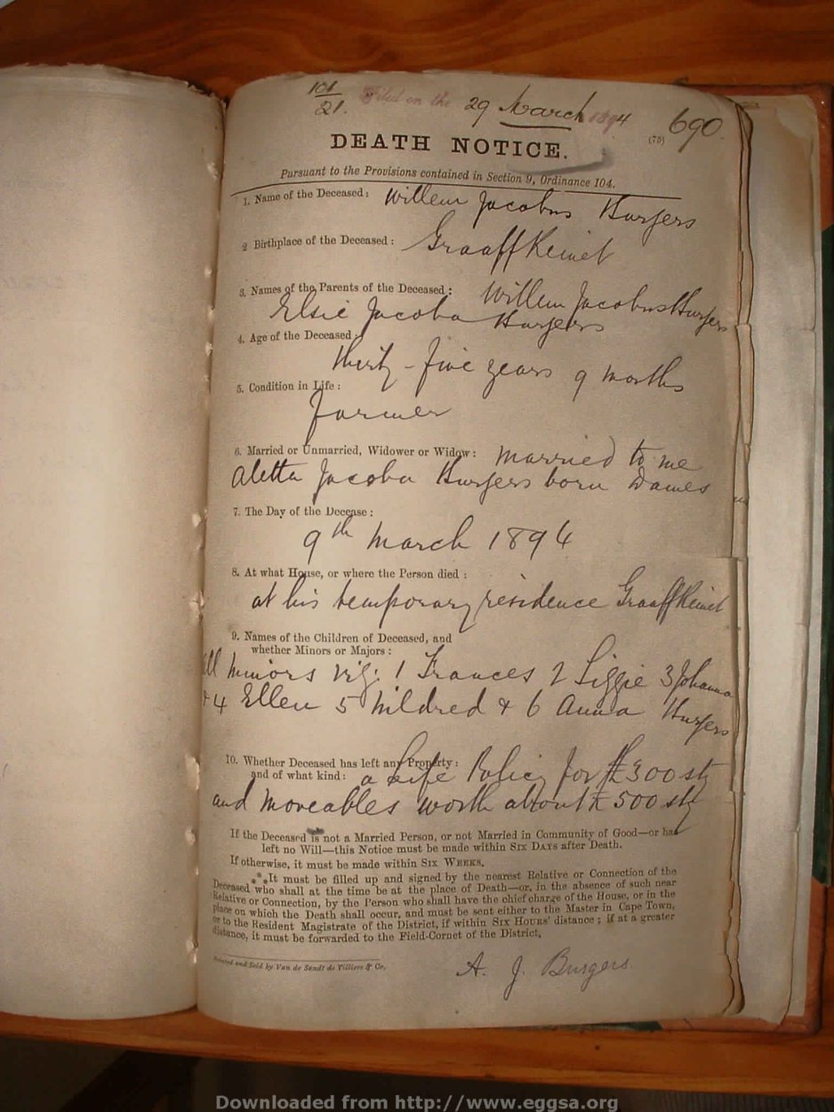 BURGERS Willem Jacobus, 1894, MOOC 6-9-326, 690 BURGERS Willem Jacobus, 1894, MOOC 6-9-326, 690