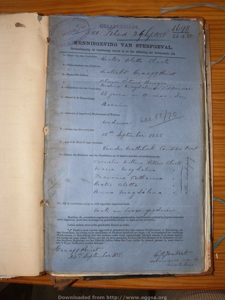 CLOETE Hester Aletta nee BURGER, 1888, MOOC 6-9-260, 1698 CLOETE Hester Aletta nee BURGER, 1888, MOOC 6-9-260, 1698