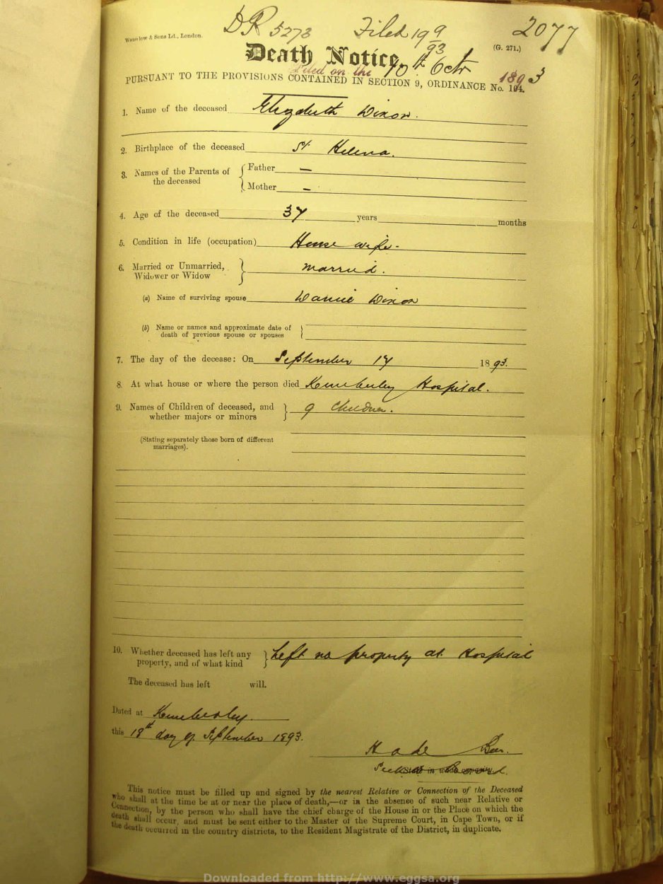 DIXON Elizabeth - 1893 died aged 37 at Kimberley MOOC 6-9-321-2077 DIXON Elizabeth - 1893 died aged 37 at Kimberley MOOC 6-9-321-2077