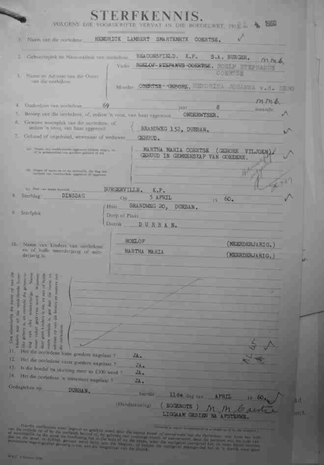 COERTSE Hendrik Lambert Smartenryk - 5 Apr 1960 COERTSE Hendrik Lambert Smartenryk - 5 Apr 1960