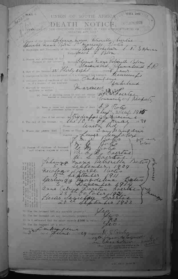 COERTSE Johanna Maria Petronella formerly BOTES born BLOM - Died 10 May 1929 COERTSE Johanna Maria Petronella formerly BOTES born BLOM - Died 10 May 1929