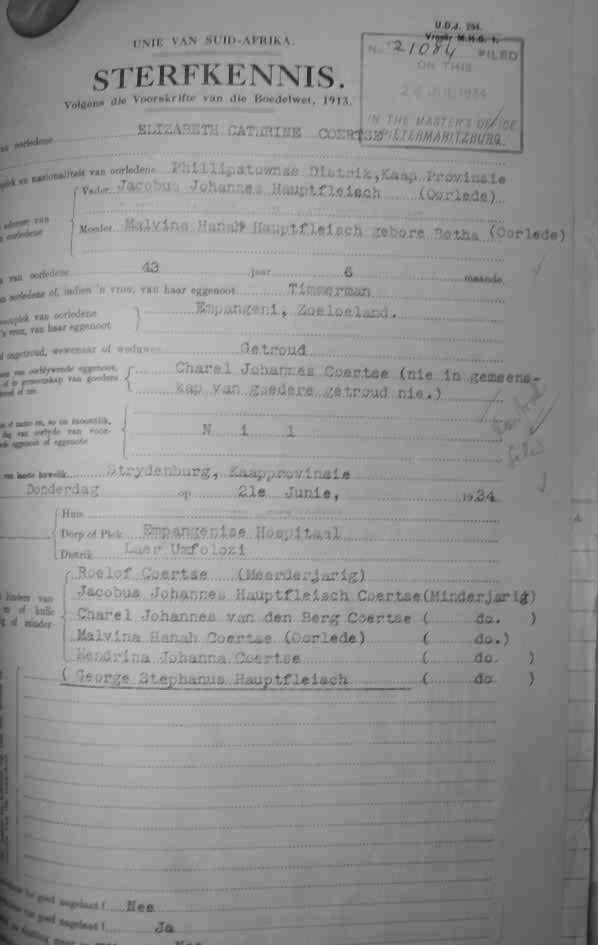 COERTSE Elizabeth Cathrine born HAUPTFLEISCH - died 21 June 1934 COERTSE Elizabeth Cathrine born HAUPTFLEISCH - died 21 June 1934
