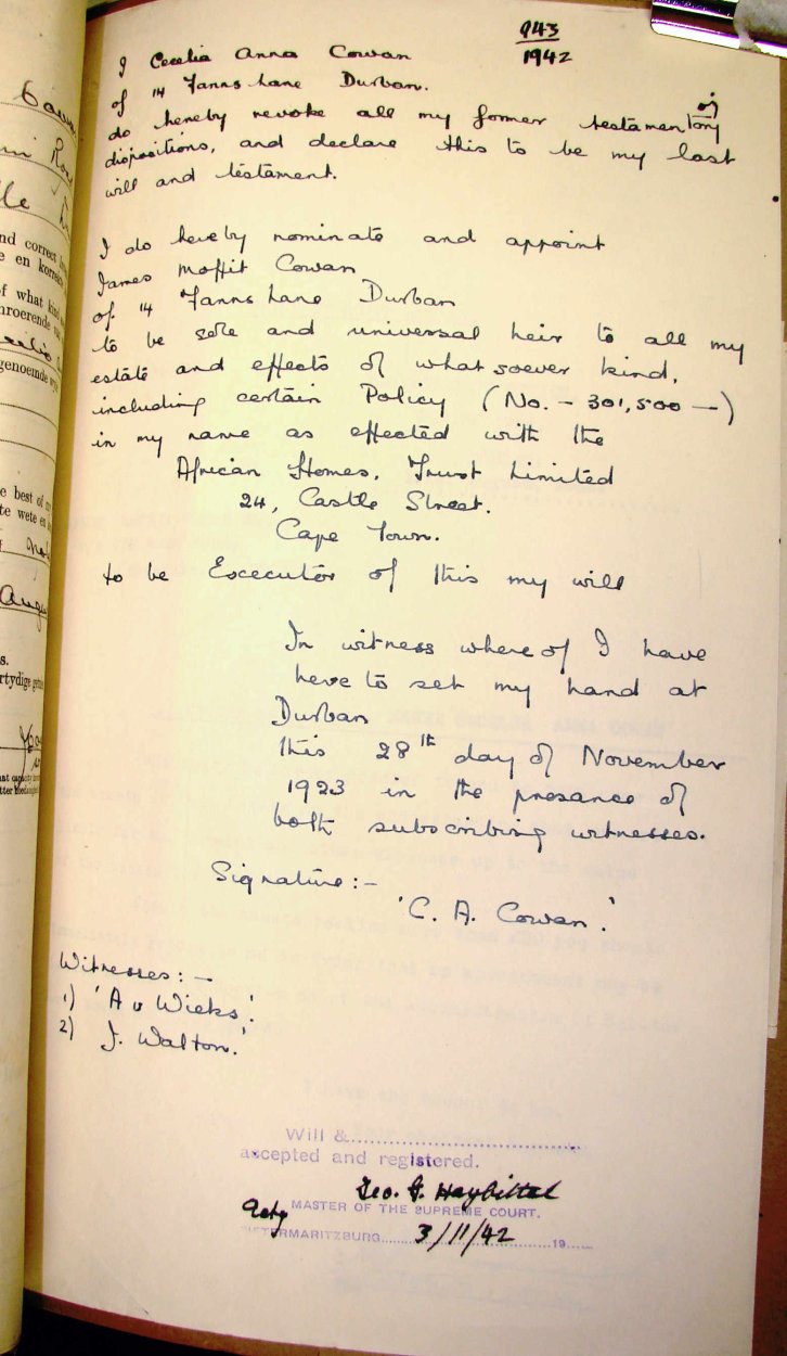 COWAN Cecilia Anna - Will dd. 28 Nov 1923 COWAN Cecilia Anna - Will dd. 28 Nov 1923