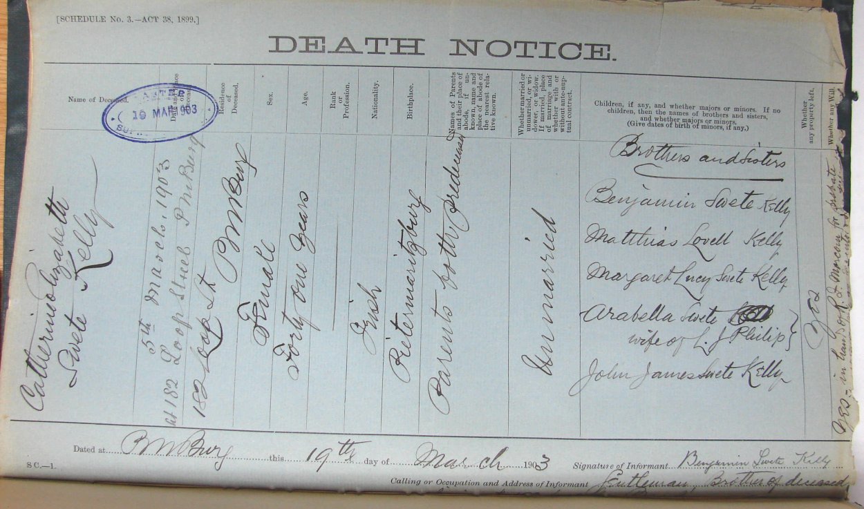 KELLY Catherine Elizabeth Swete died 5 March 1903 KELLY Catherine Elizabeth Swete died 5 March 1903