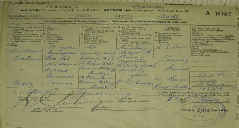 William Leathern 1946 Death Cert William Leathern 1946 Death Cert