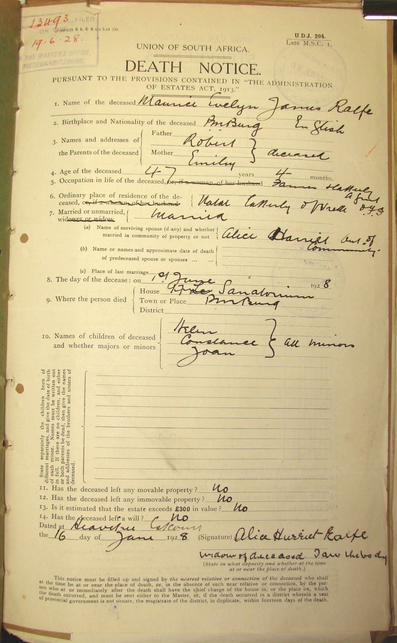 RALFE Maurice Evelyn James died 1 June 1928 RALFE Maurice Evelyn James died 1 June 1928