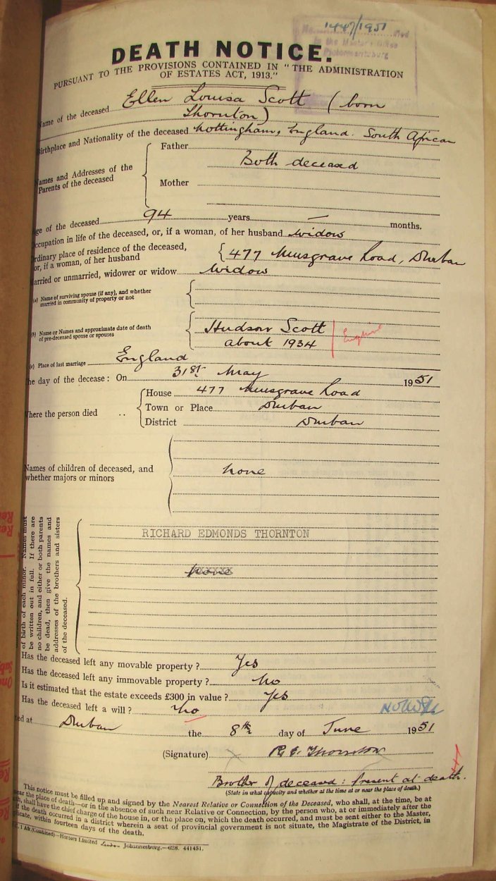 SCOTT Ellen Louisa born THORNTON died 31 May 1951 SCOTT Ellen Louisa born THORNTON died 31 May 1951